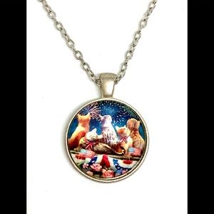 Cats Watching Fireworks Glass Dome Cabochon Pendant Chain Necklace 4th of July
